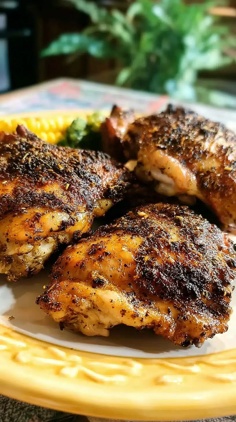 Blackened Ranch Pan-Fried Chicken Thighs 1 Blackened ranch pan-fried chicken thighs served on a plate