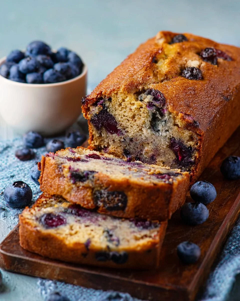Freshly baked blueberry banana bread with blueberries on top