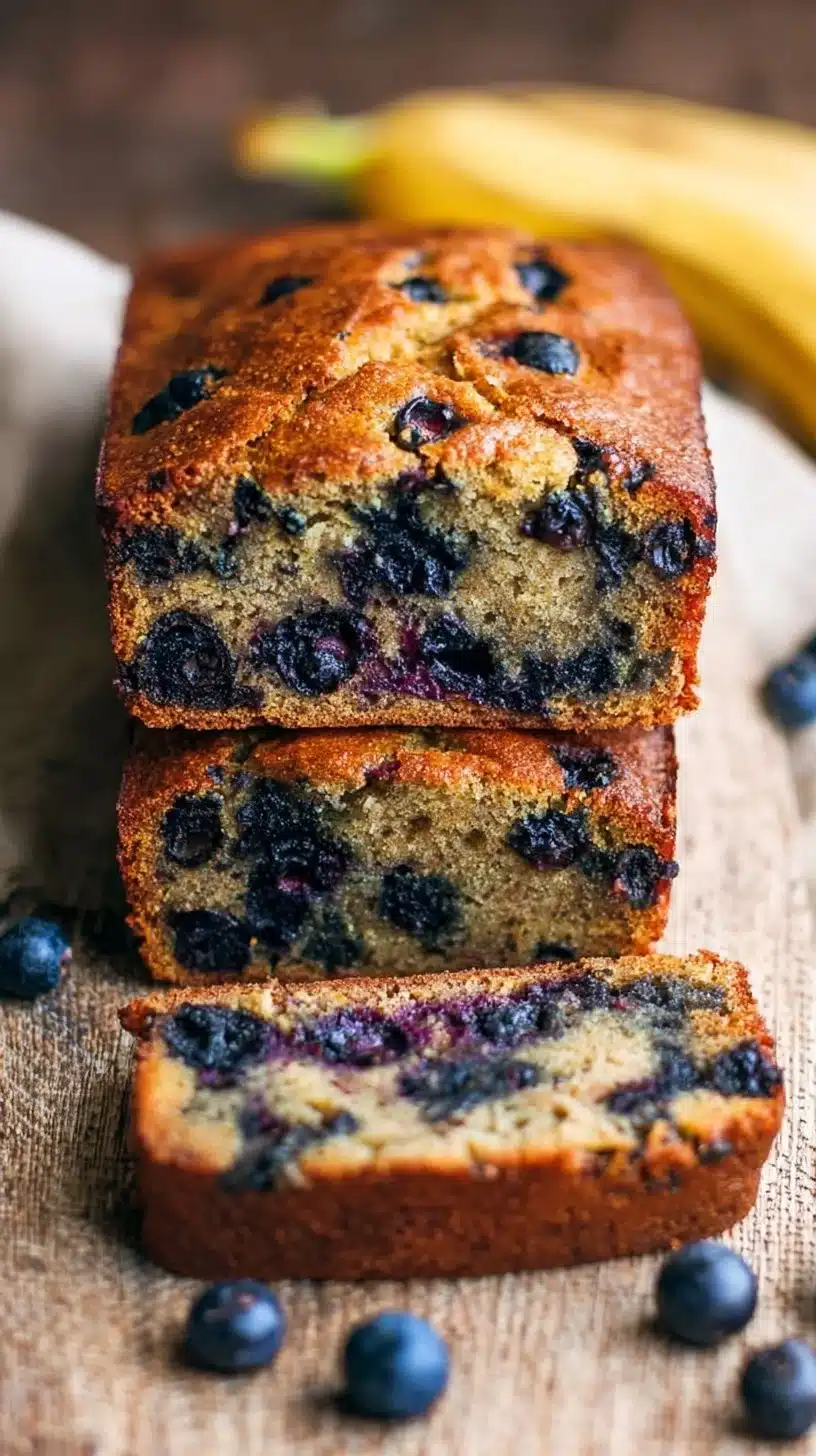 Blueberry Banana Bread 1 Freshly baked blueberry banana bread on a wooden table.