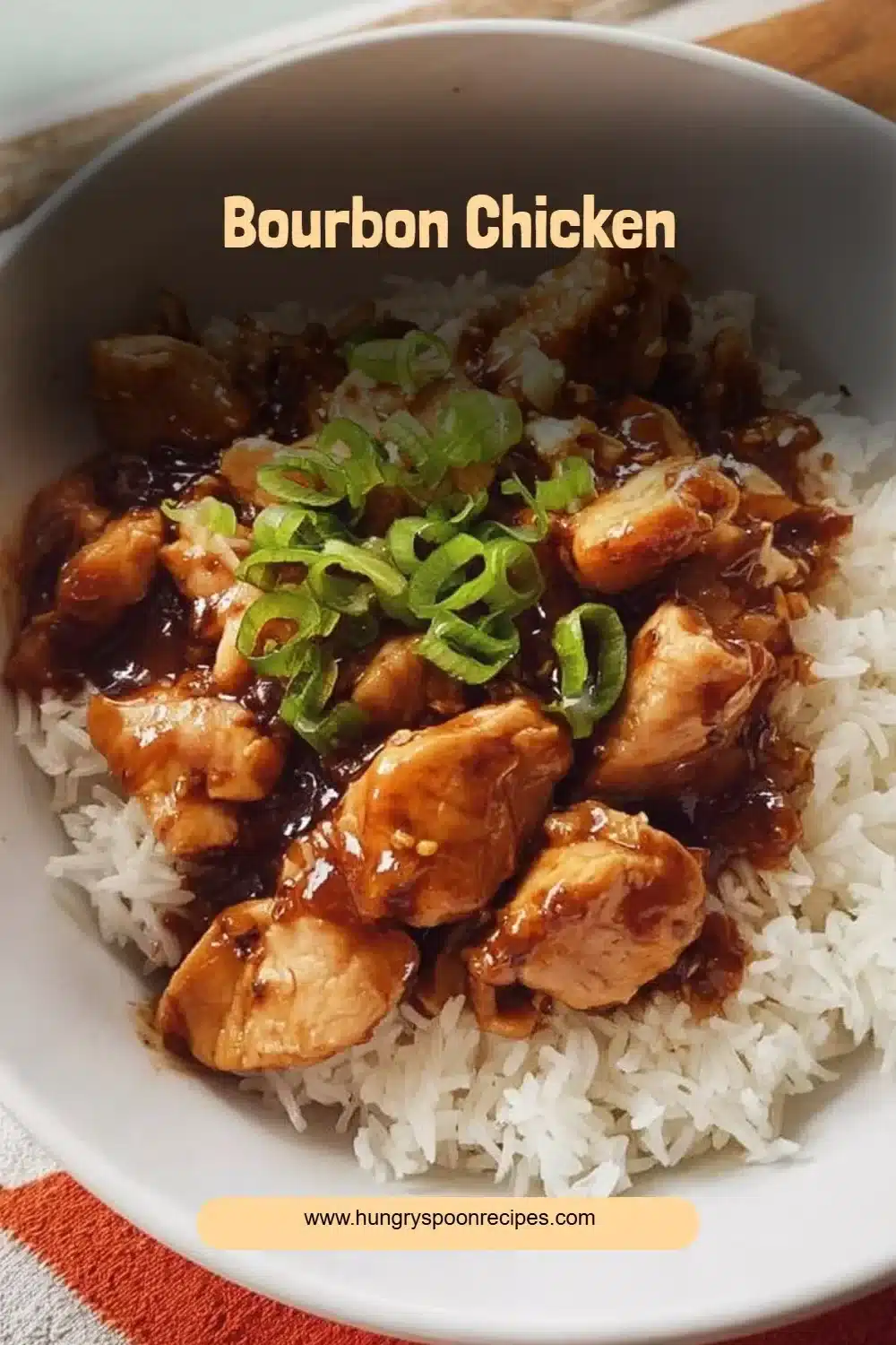 Delicious Bourbon Chicken served with rice and vegetables