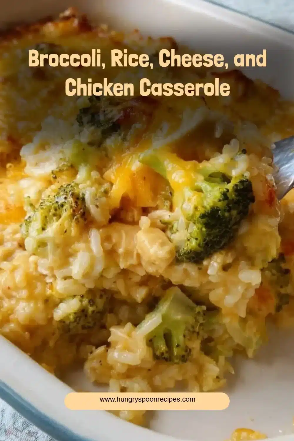 Broccoli, rice, cheese, and chicken casserole served hot in a dish