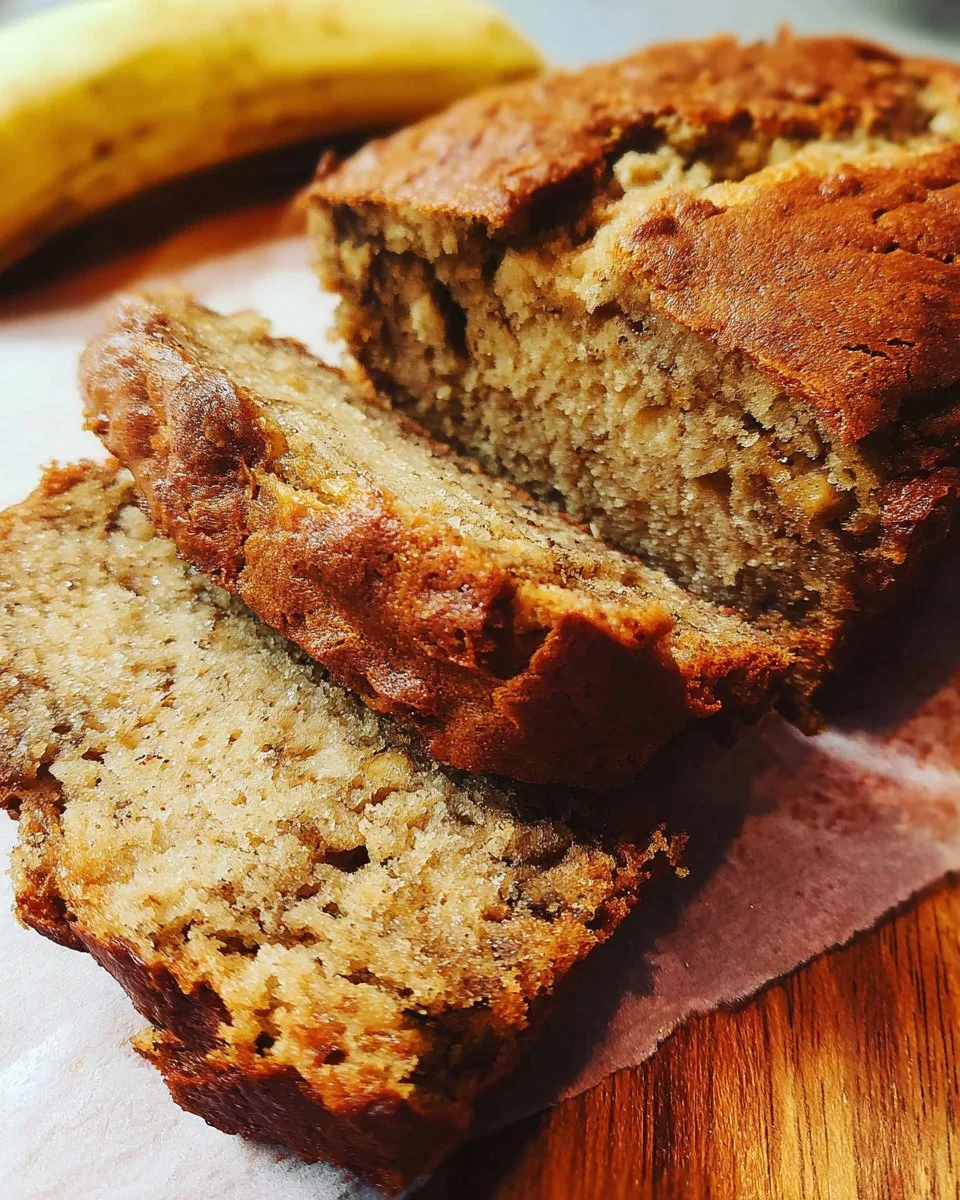 Loaf of moist Brown Sugar Banana Bread with sliced bananas on top
