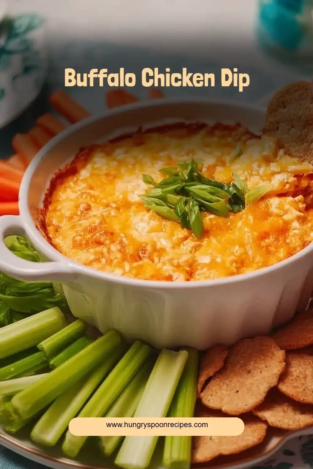 Delicious Buffalo Chicken Dip served in a bowl with tortilla chips.