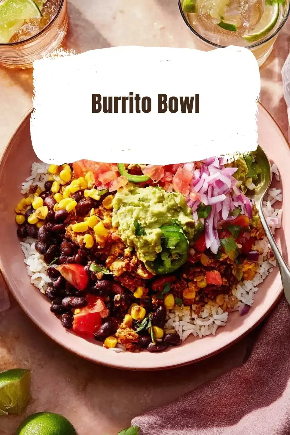 Colorful burrito bowl filled with rice, beans, vegetables, and toppings.