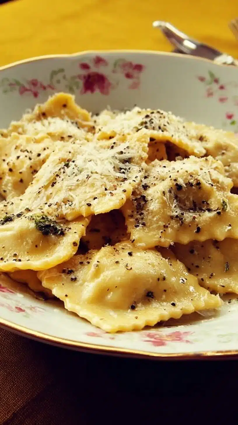 Plate of Cacio e Pepe Ravioli garnished with cheese and black pepper