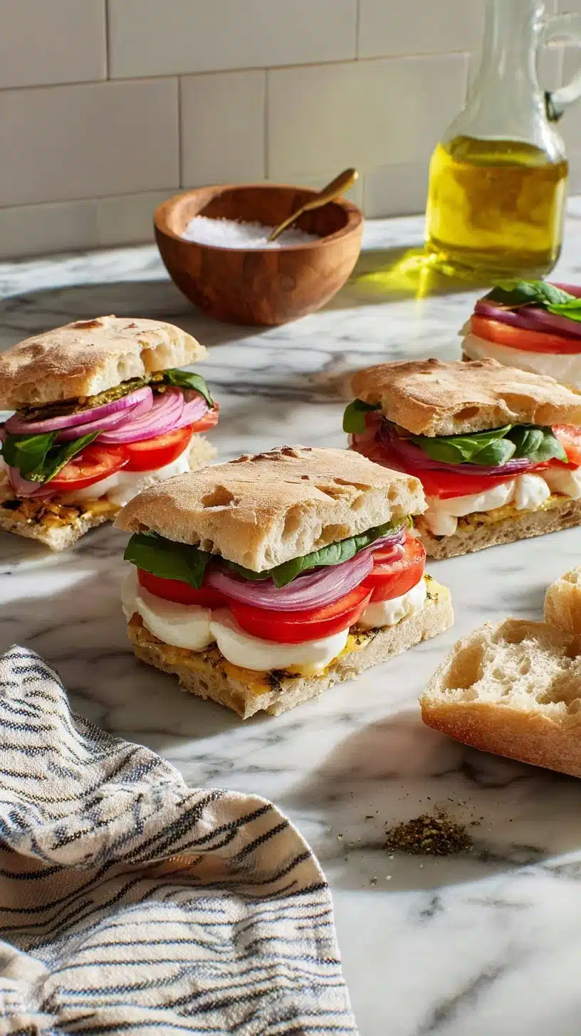 Delicious Caprese Sandwich with fresh mozzarella, tomatoes, and basil