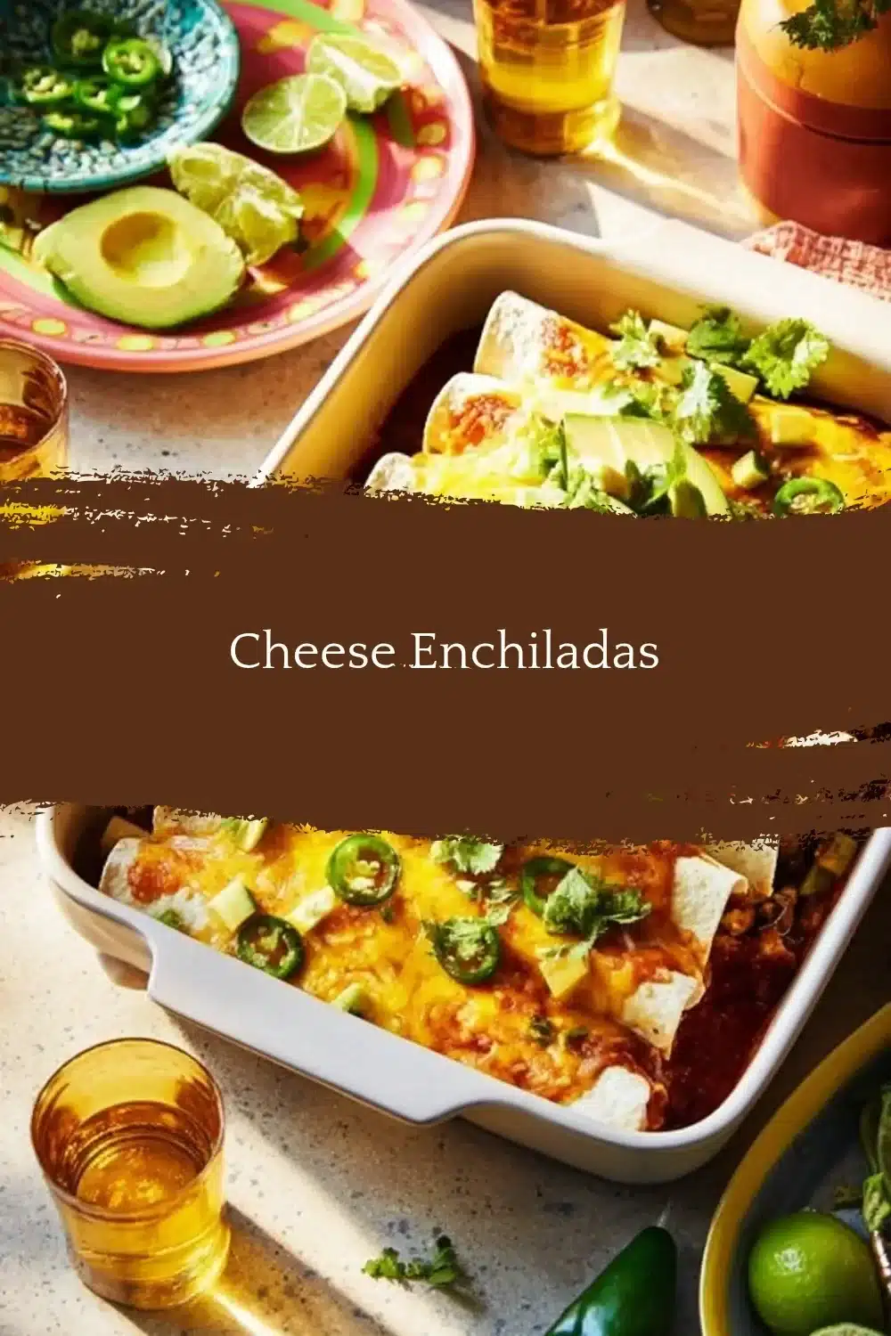 Delicious cheese enchiladas topped with sauce and garnished with fresh ingredients.