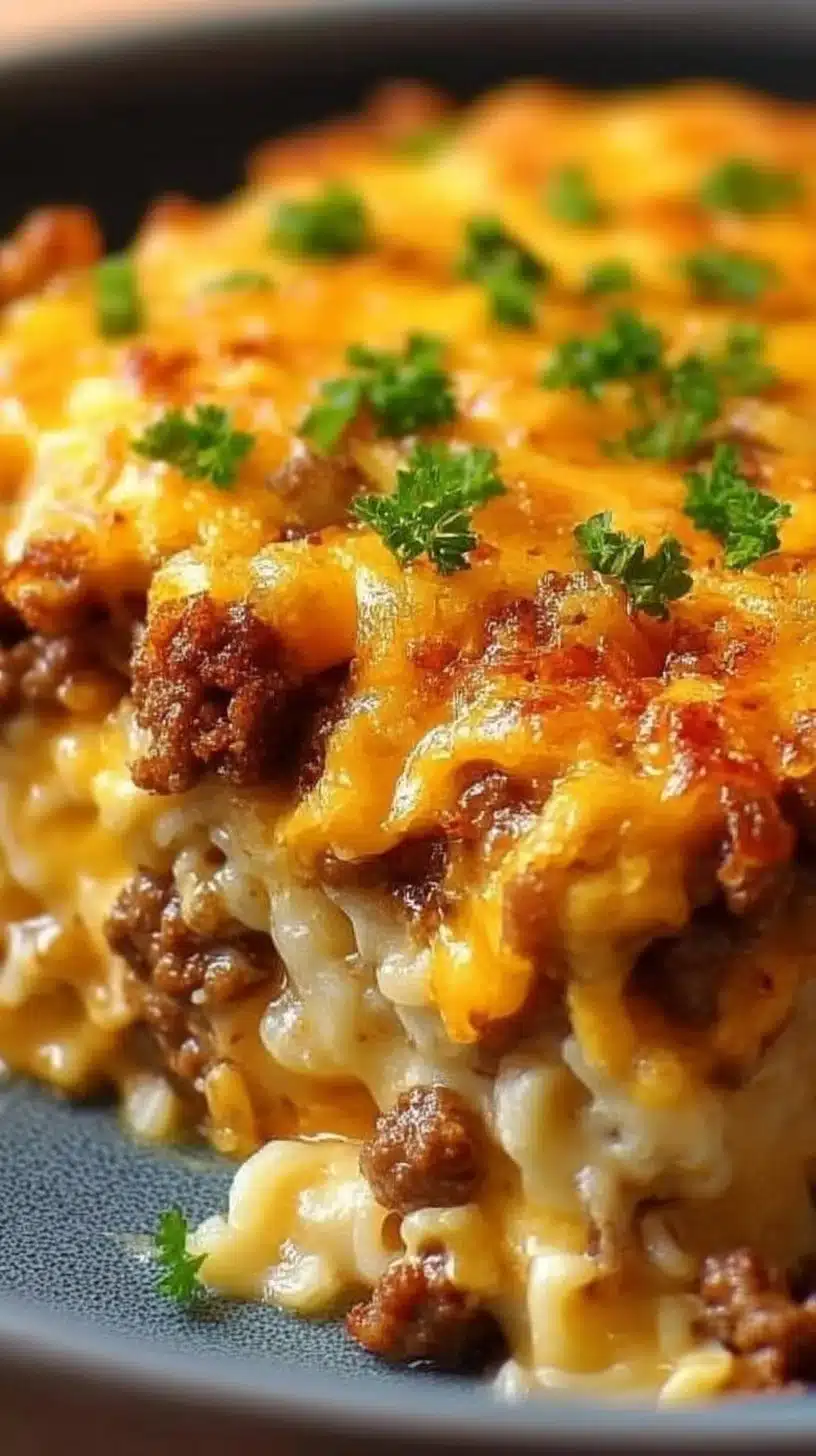 Cheesy Cheeseburger Casserole Delight 1 Cheesy cheeseburger casserole baked to perfection, garnished with herbs