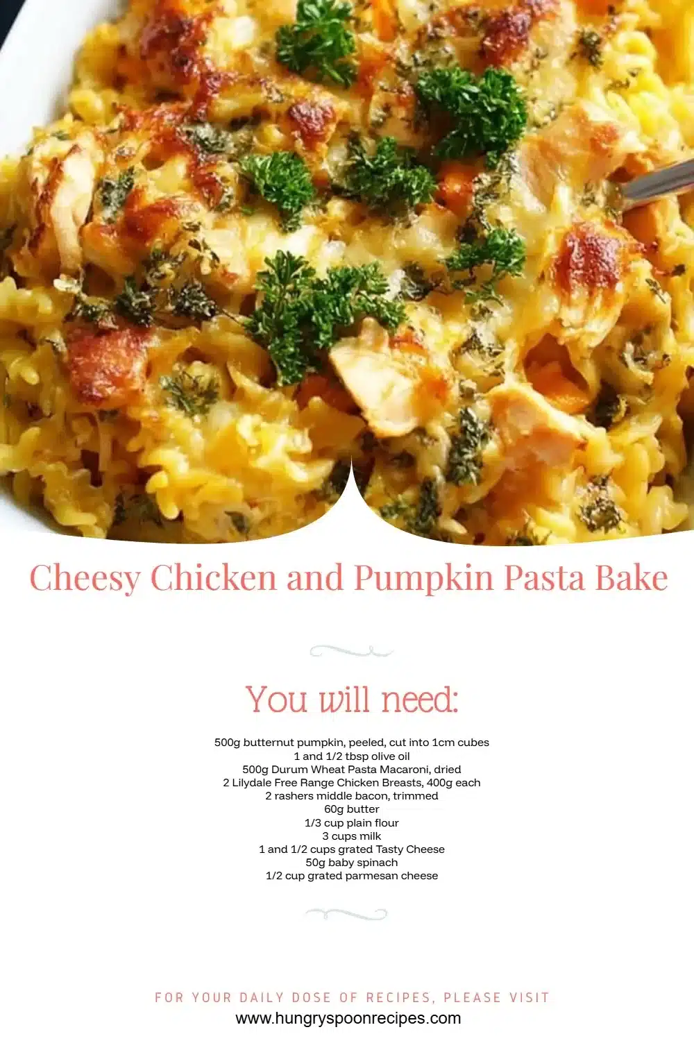 Cheesy chicken and pumpkin pasta bake in a baking dish