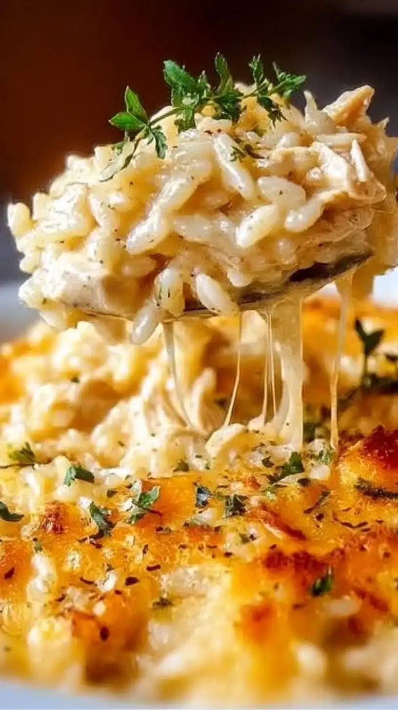 Cheesy Chicken and Rice Casserole 1 Cheesy Chicken and Rice Casserole topped with melted cheese and herbs