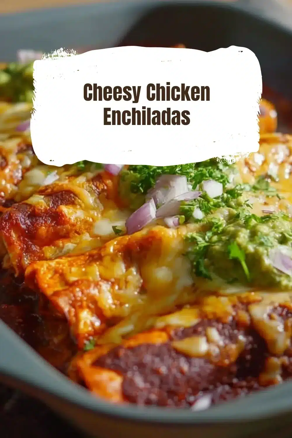 Cheesy Chicken Enchiladas 1 Cheesy chicken enchiladas served on a plate with salsa and sour cream