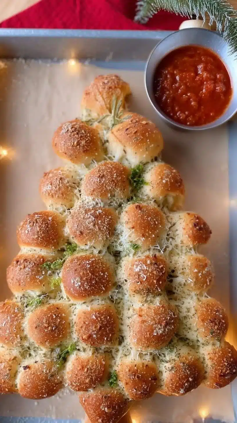 Cheesy Pull-Apart Christmas Tree Bread 1 Cheesy Pull-Apart Christmas Tree Bread decorated for holiday celebrations