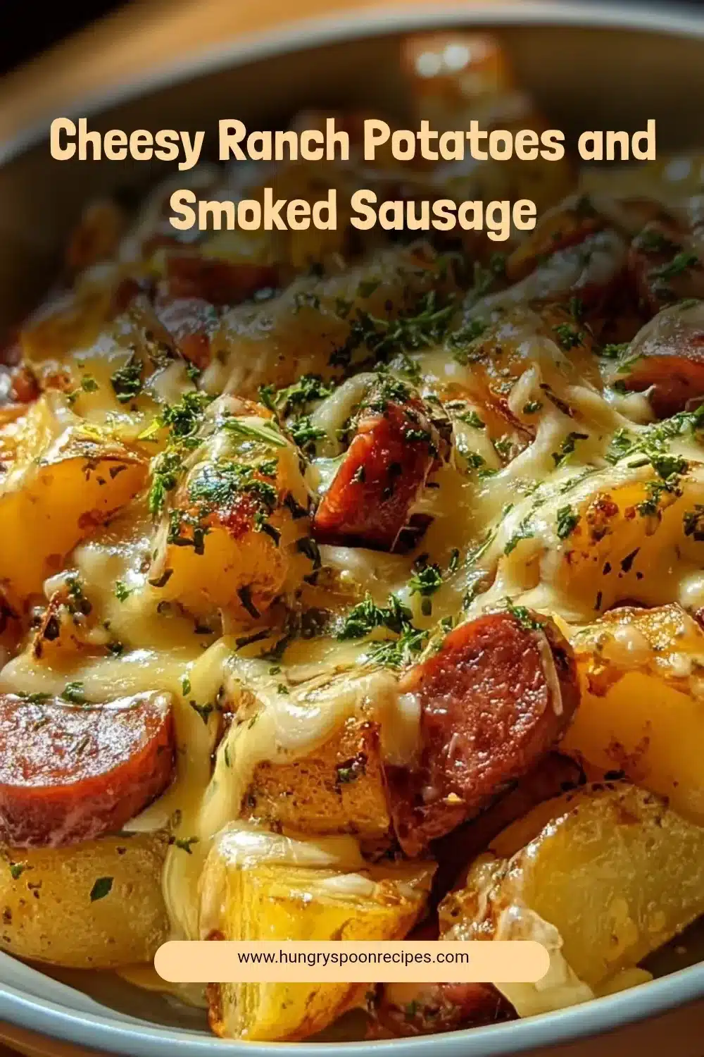 Cheesy Ranch Potatoes and Smoked Sausage dish served on a plate