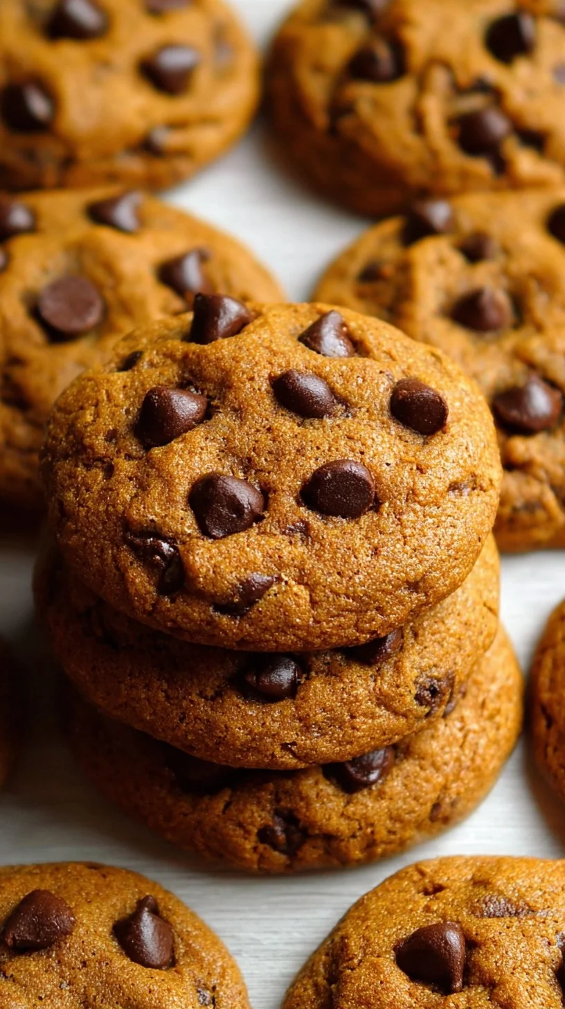 Chewy pumpkin chocolate chip cookies on a cooling rack