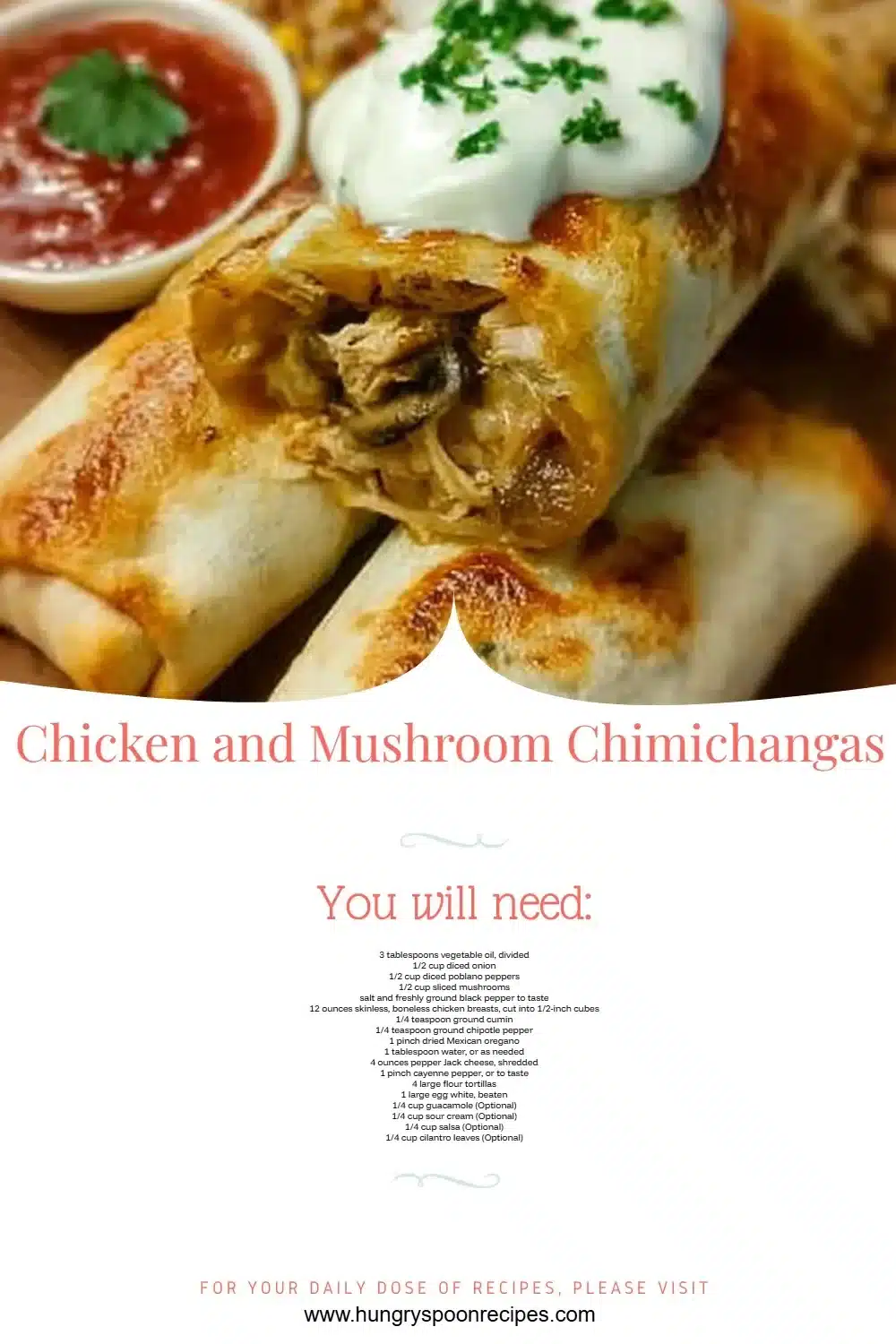 Chicken and Mushroom Chimichangas 1 Delicious Chicken and Mushroom Chimichangas served with guacamole and salsa