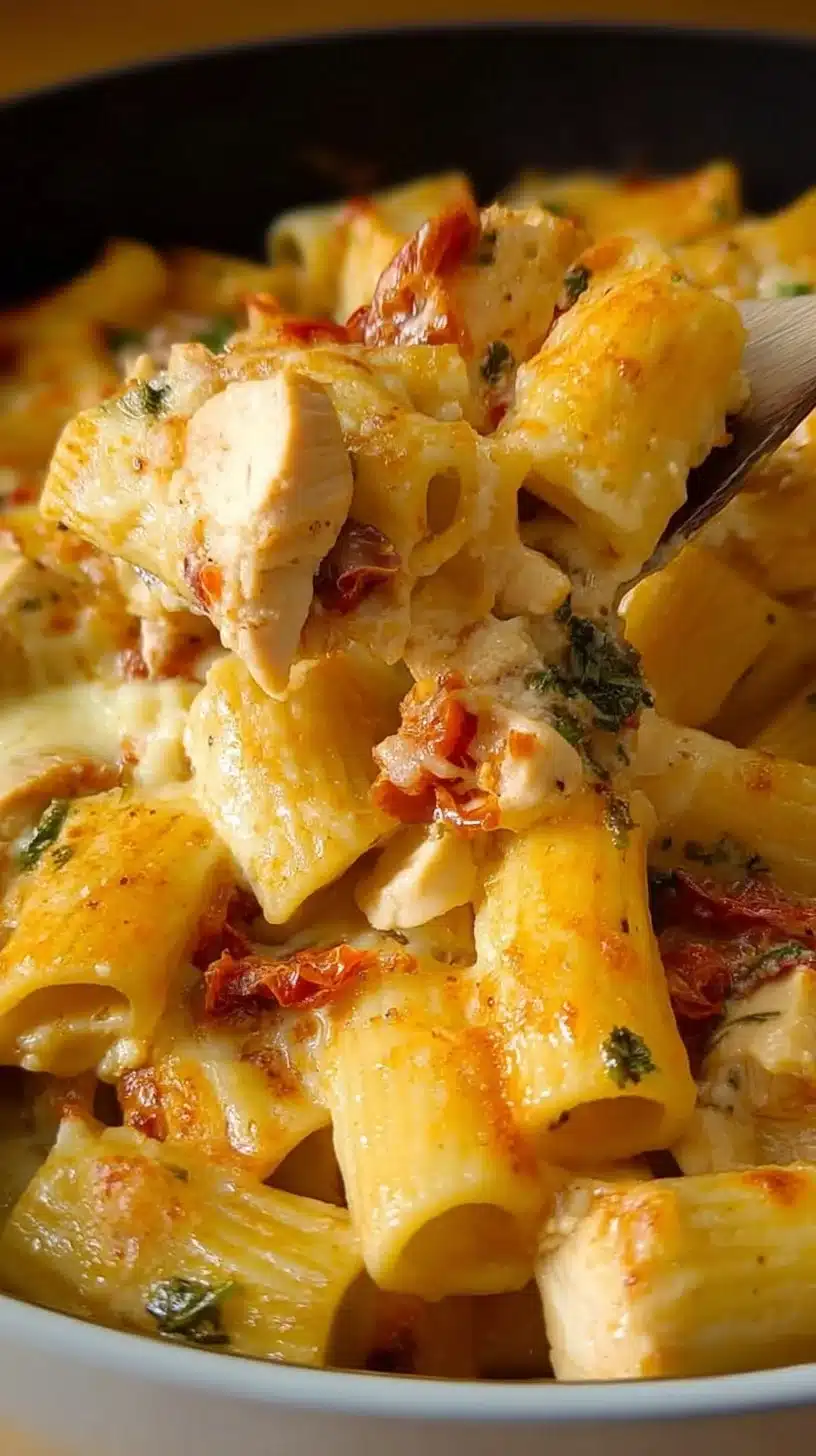 Delicious Chicken and Sun-dried Tomato Pasta Bake in a baking dish