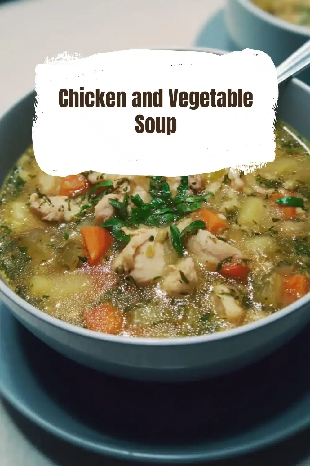 Bowl of chicken and vegetable soup garnished with herbs