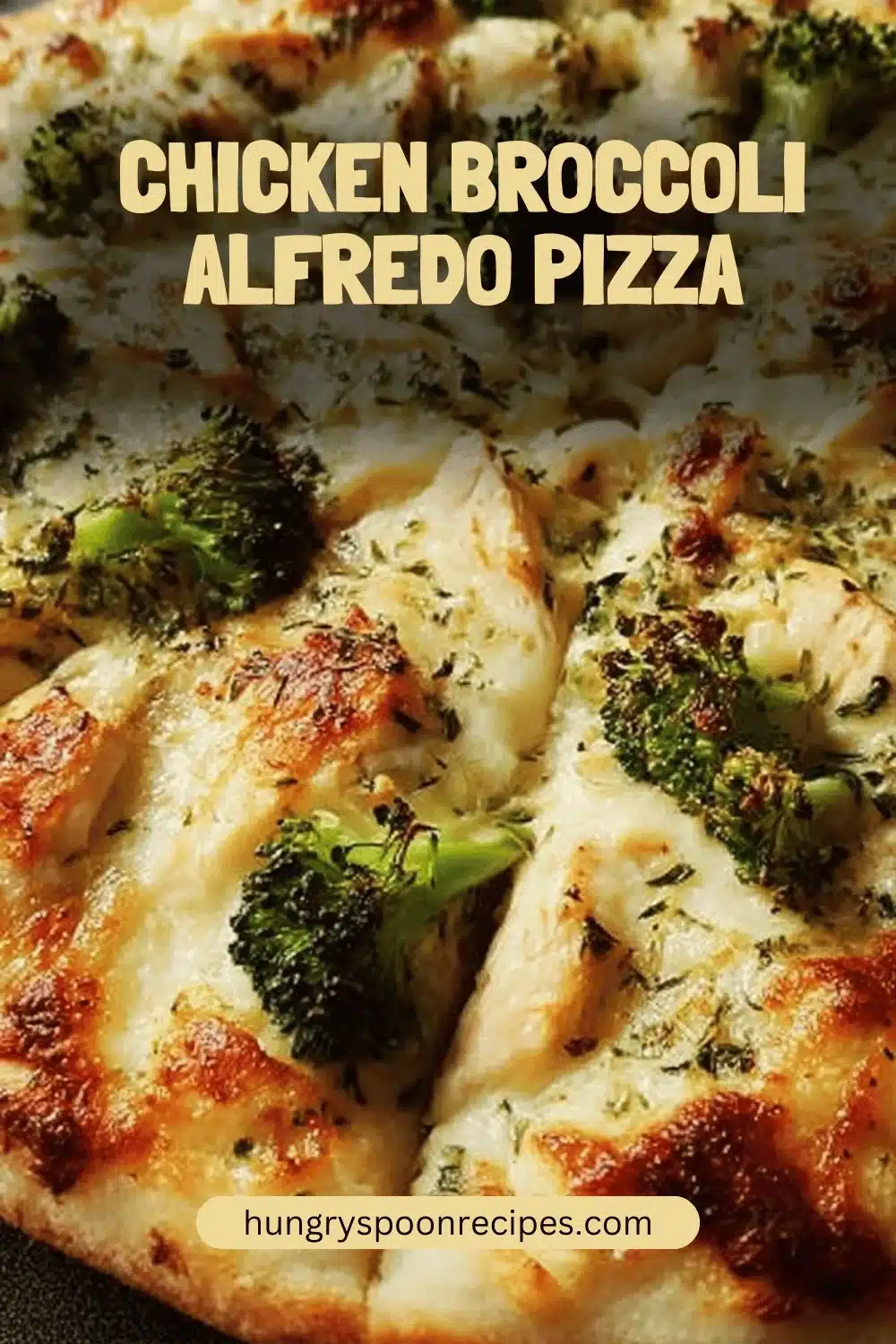 Delicious Chicken Broccoli Alfredo Pizza slice with creamy sauce and fresh broccoli