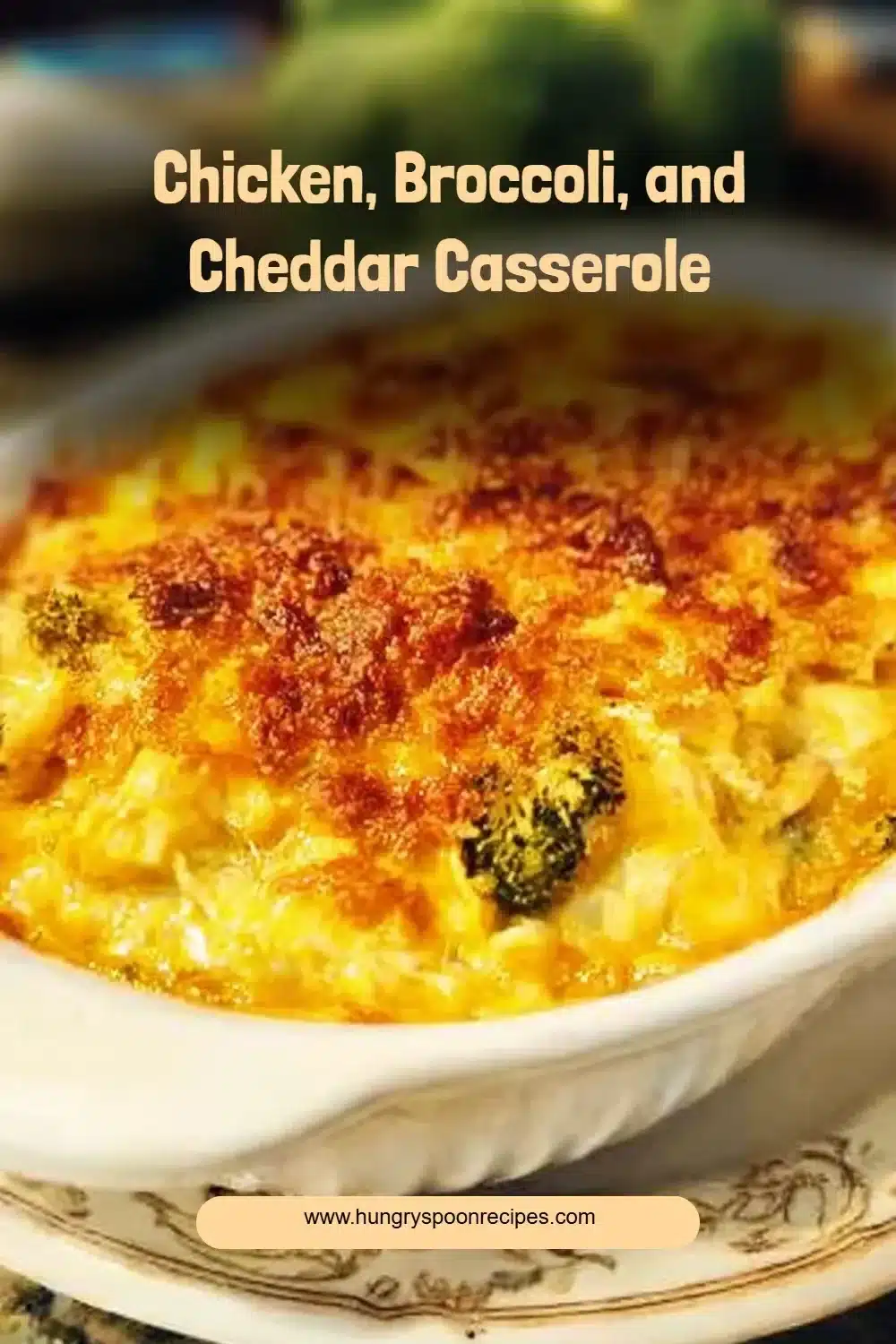 Delicious Chicken Broccoli Cheddar Casserole topped with melted cheese.