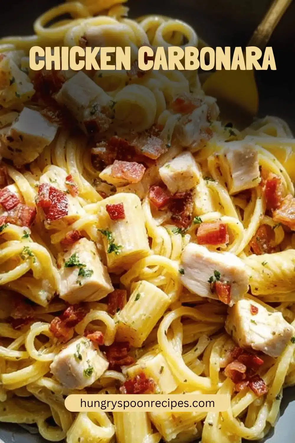 Delicious plate of Chicken Carbonara with creamy sauce and grilled chicken.