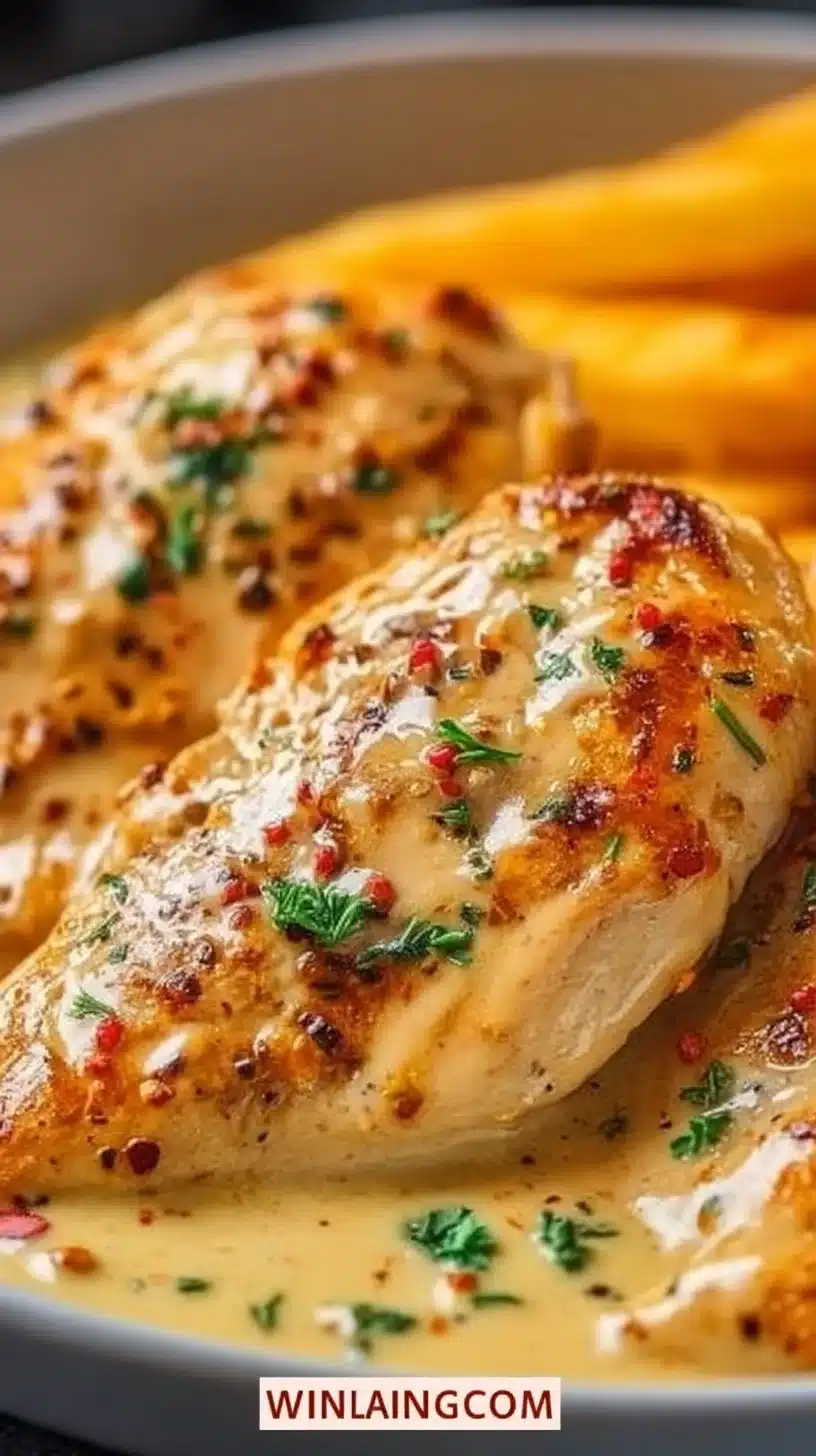 Chicken Fillet in Spicy, Creamy Garlic-Parmesan Sauce 1 Chicken fillet in spicy garlic-Parmesan sauce on a plate