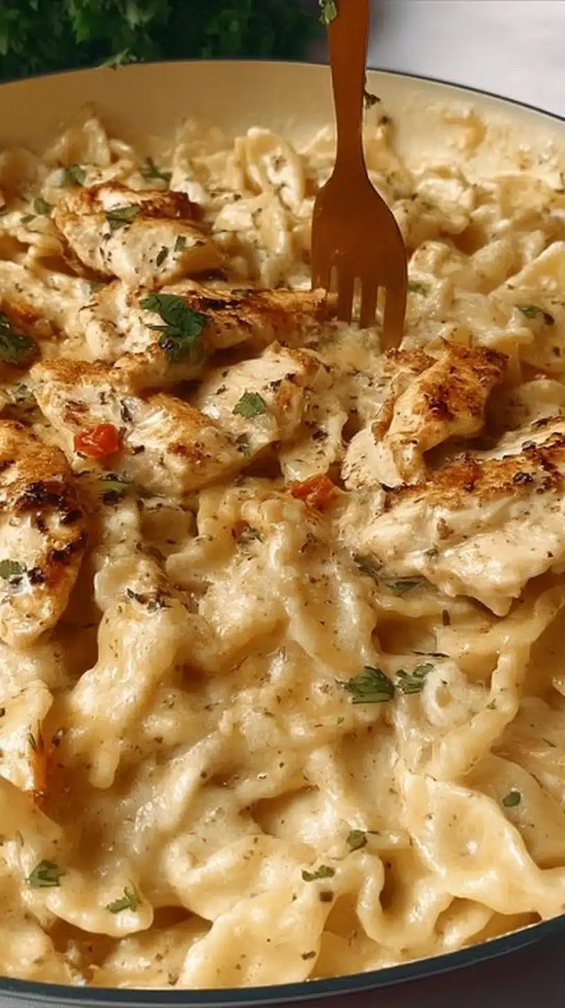 Delicious Chicken Garlic Parmesan Pasta served in a bowl with herbs