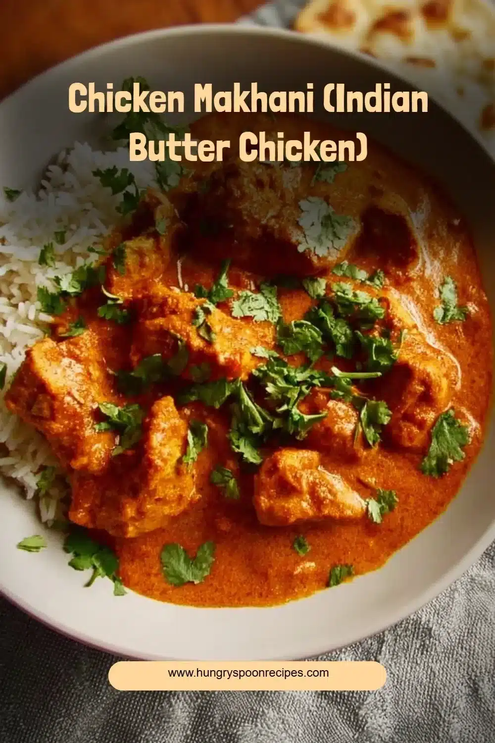 Delicious Chicken Makhani served with rice and naan