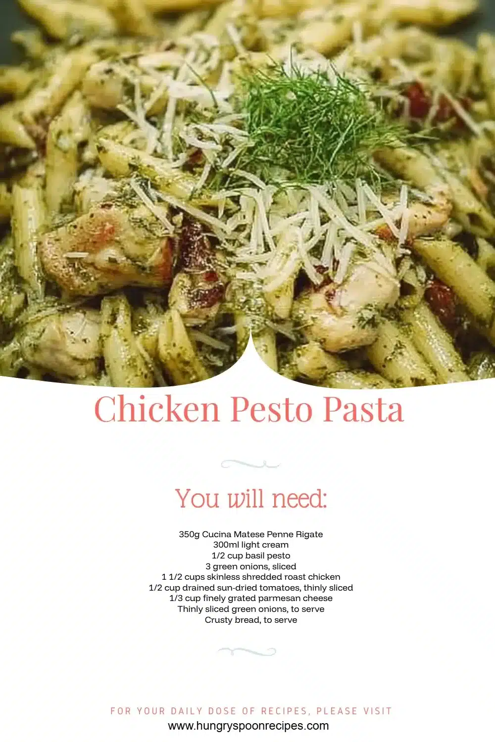 Chicken Pesto Pasta 1 Plate of Chicken Pesto Pasta garnished with basil and cherry tomatoes