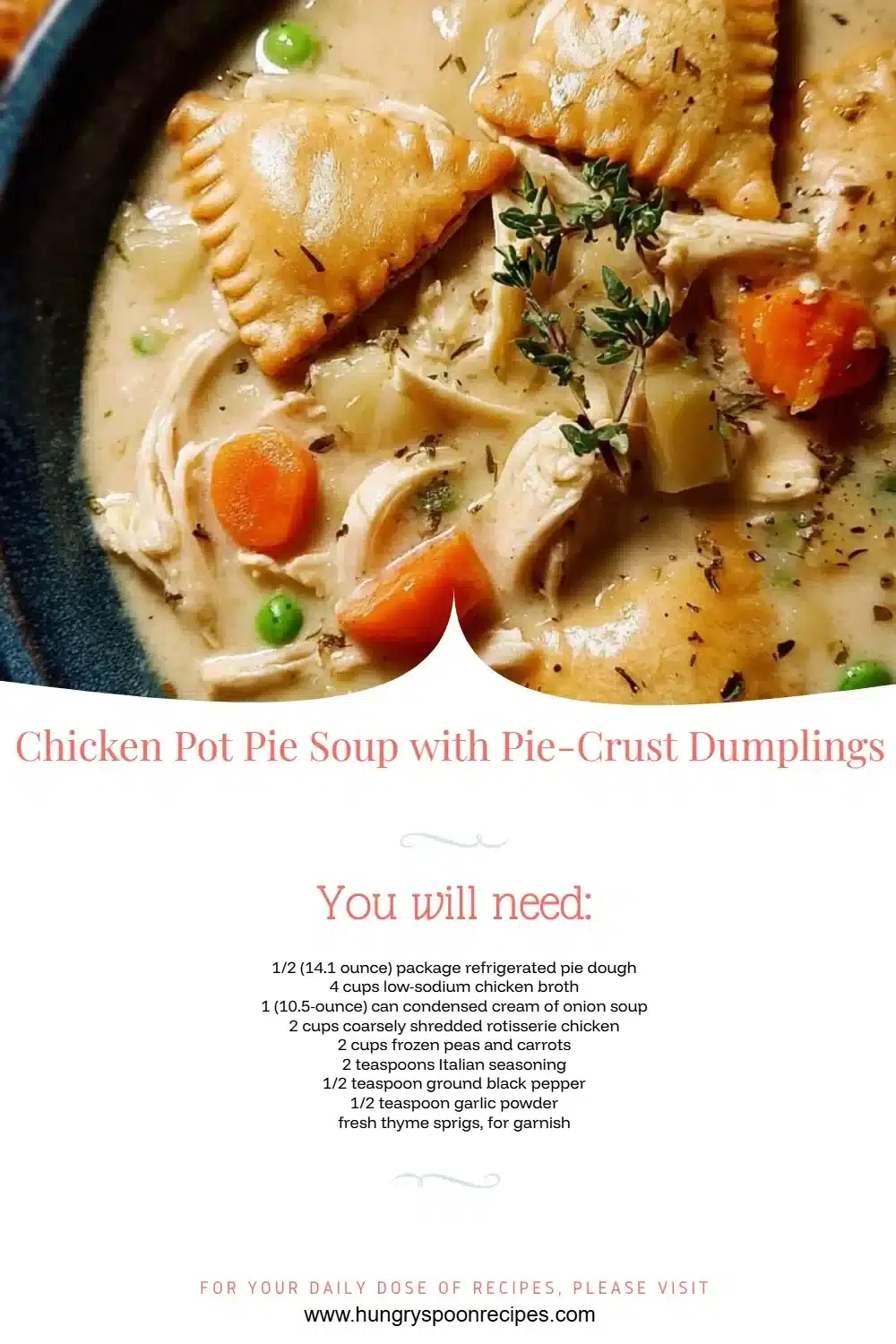 Delicious Chicken Pot Pie Soup with flaky pie-crust dumplings in a bowl