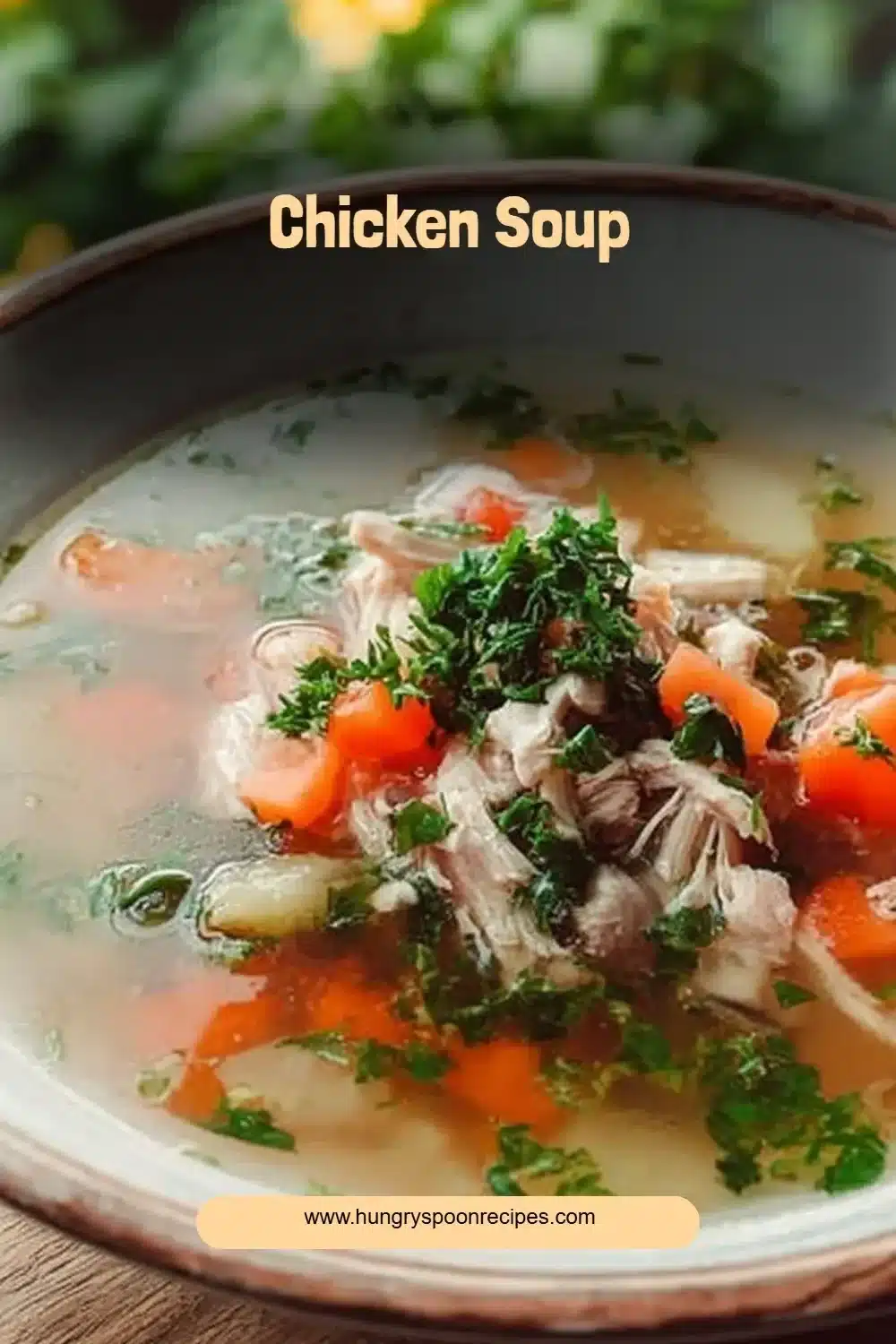 A steaming bowl of homemade chicken soup garnished with herbs.