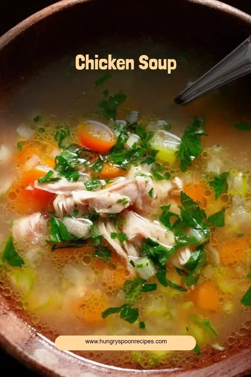 A bowl of homemade chicken soup filled with vegetables and herbs