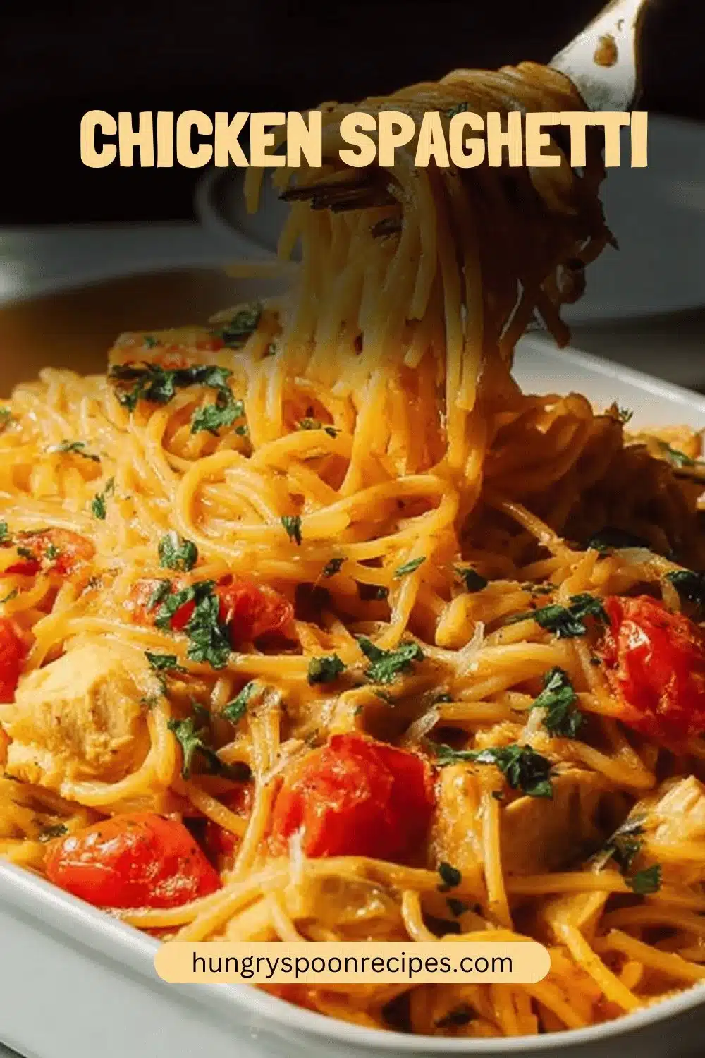 Chicken Spaghetti 1 Delicious Chicken Spaghetti served with fresh herbs and cheese on top.