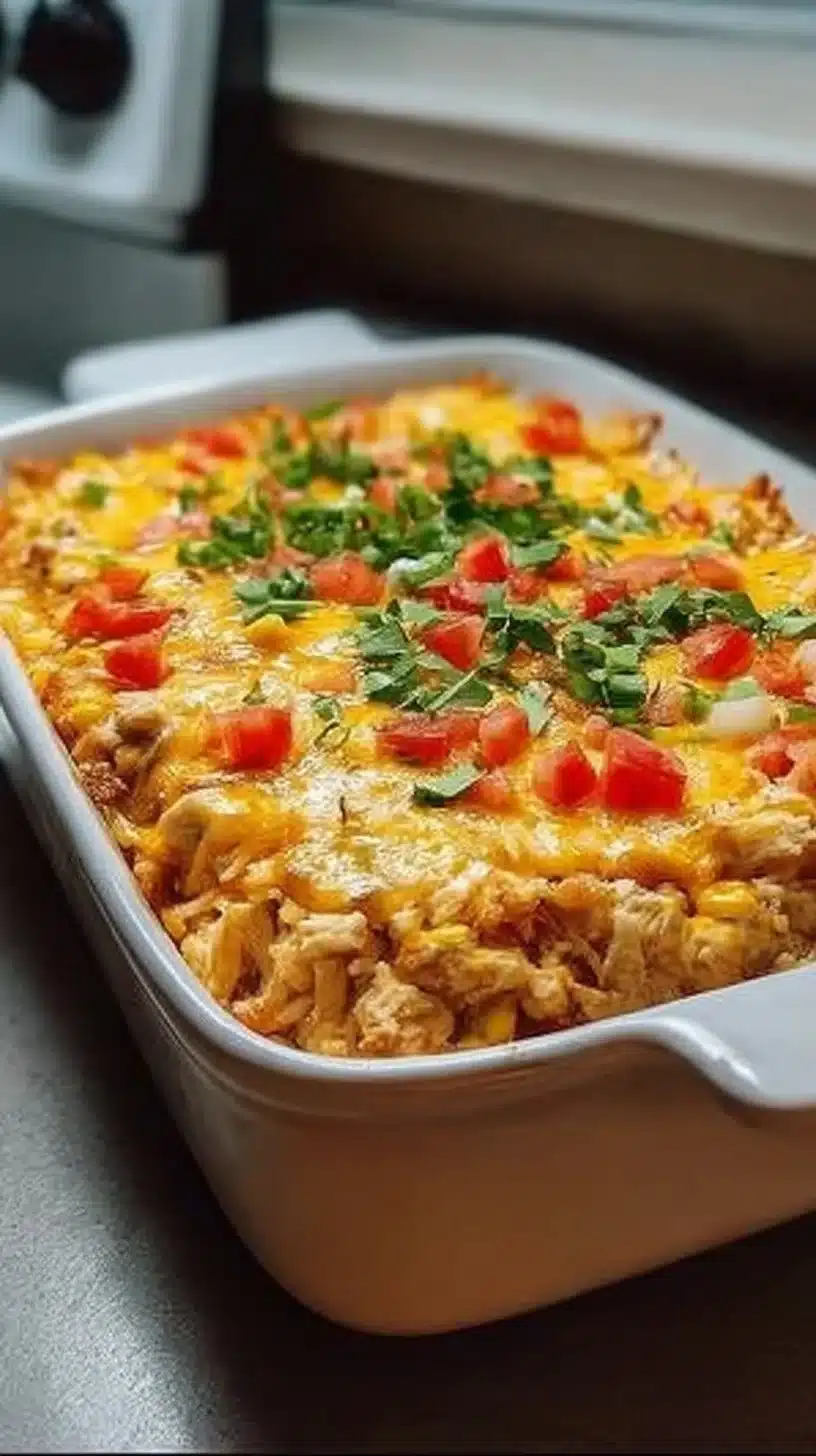 Chicken Taco Casserole Recipe 1 Delicious Chicken Taco Casserole topped with cheese and garnished with cilantro