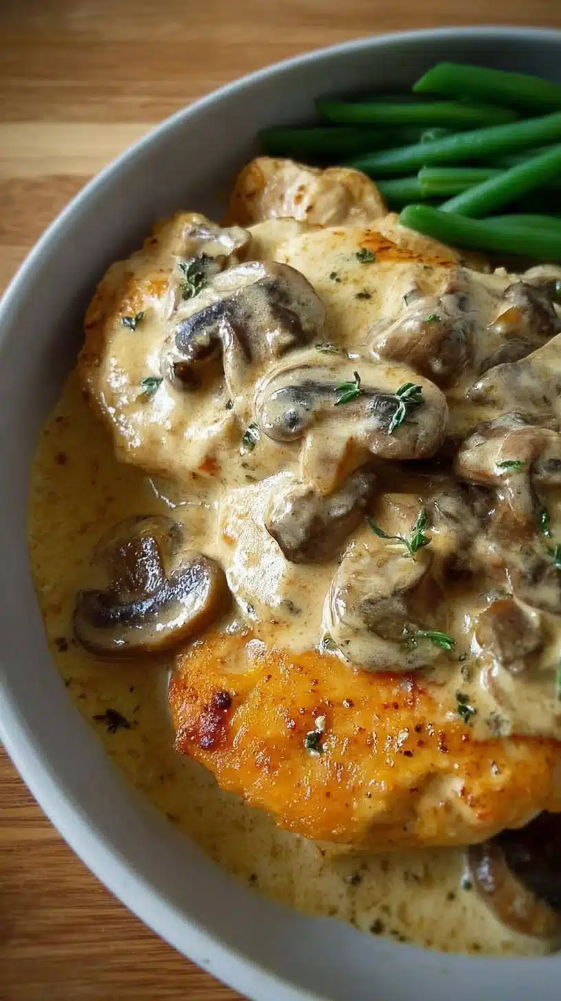 Delicious chicken with creamy mushroom sauce served on a plate