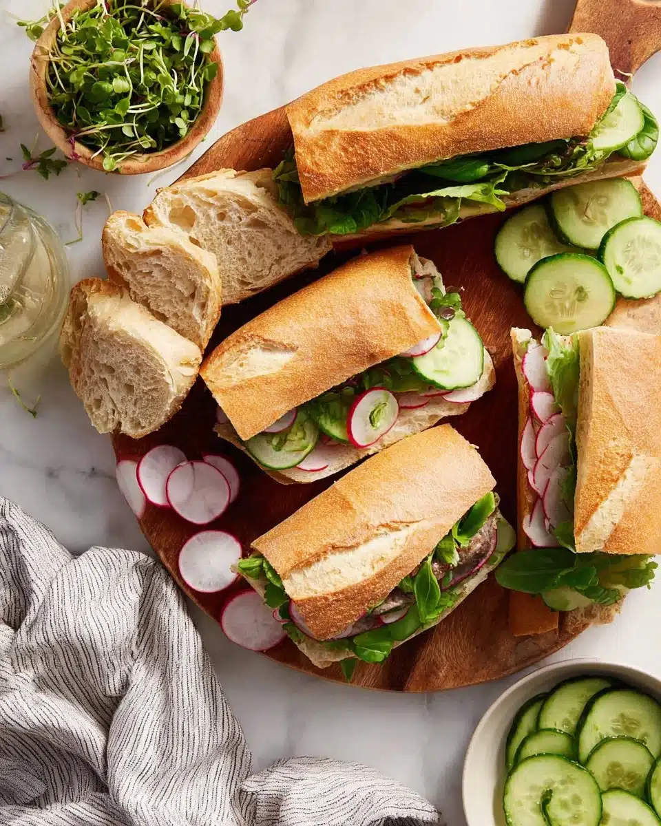 Chickpea salad sandwich inspired by Pan Bagnat, featuring fresh veggies and vegan ingredients.