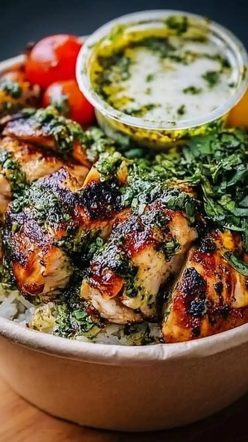 Chimichurri Grilled Chicken Bowl with Garlic Sauce 1 Chimichurri grilled chicken bowl topped with garlic sauce and fresh vegetables
