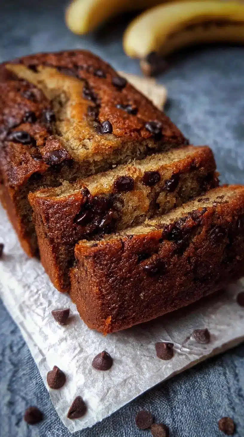Chocolate Chip Banana Bread 1 Slices of moist chocolate chip banana bread on a wooden table