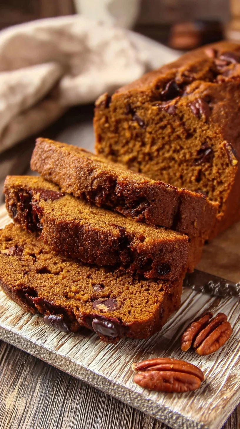 Chocolate Pecan Pumpkin Bread baked with chocolate and pecans