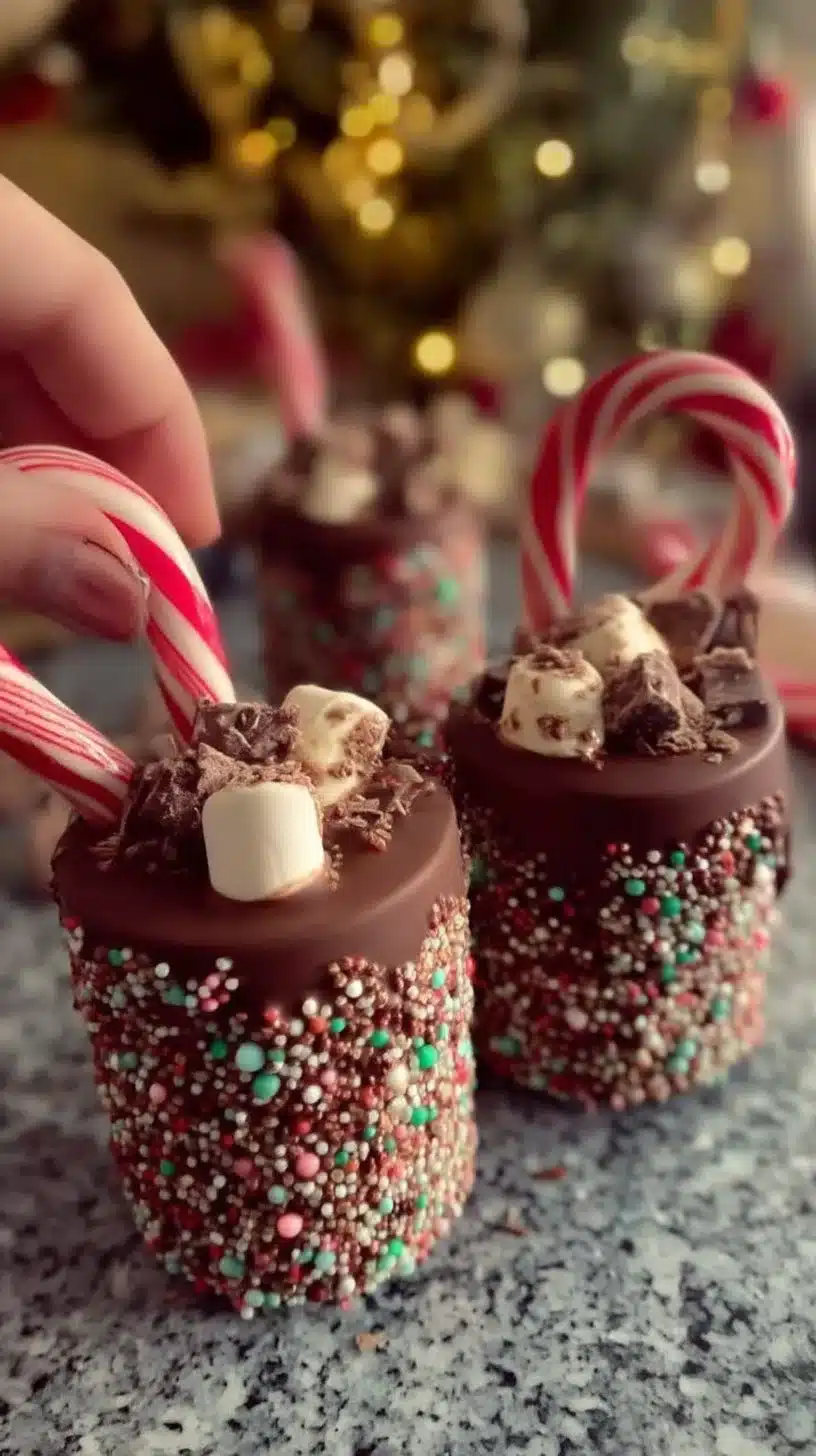 Christmas Chocolate Hot Cups 1 Warm Christmas chocolate hot cups with whipped cream and festive sprinkles.