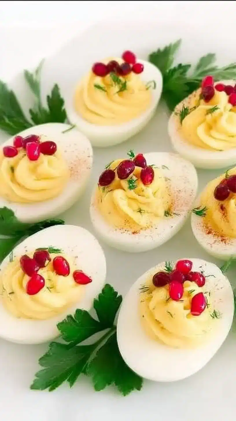Christmas Deviled Eggs 1 Plate of Christmas deviled eggs with festive garnishes