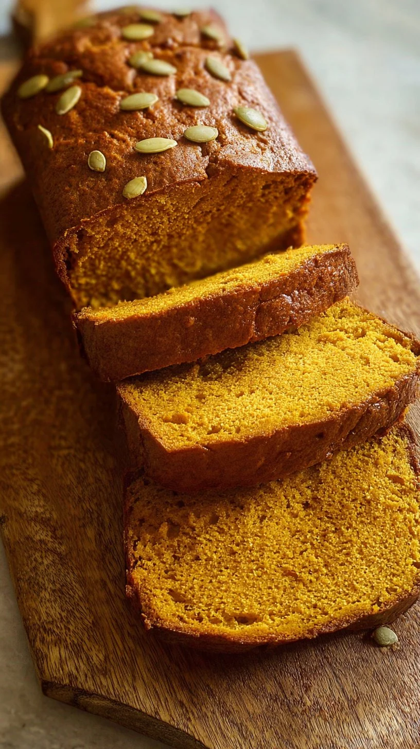 Loaf of classic pumpkin bread on a rustic table with autumn decorations.