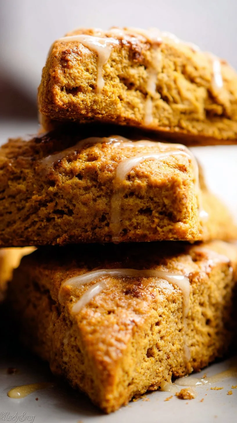 Delicious classic pumpkin scones with icing on a rustic wooden table