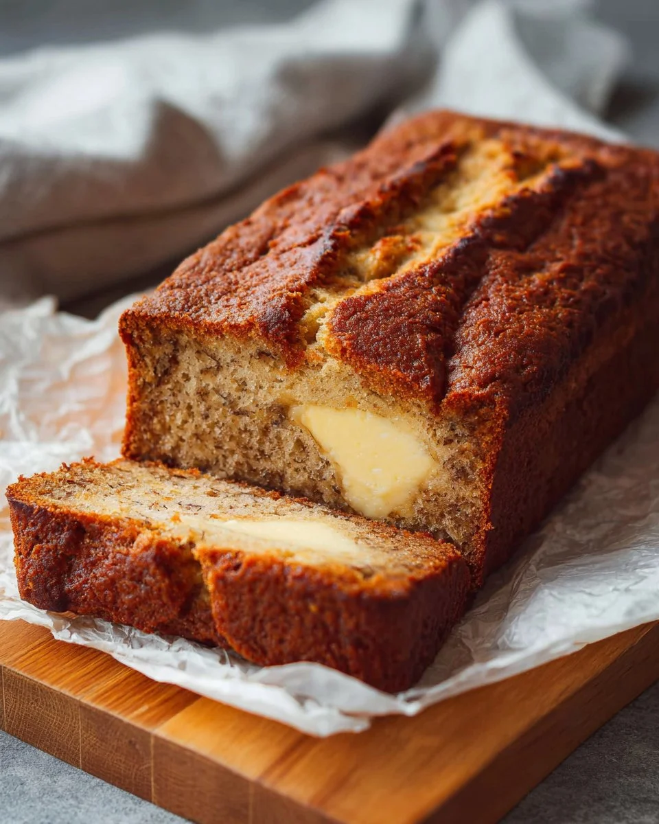 Sliced cream cheese banana bread on a plate with bananas