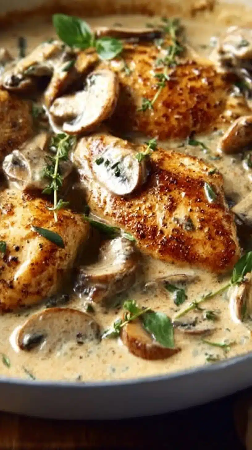 Creamy mushroom chicken dish served on a plate with fresh herbs.