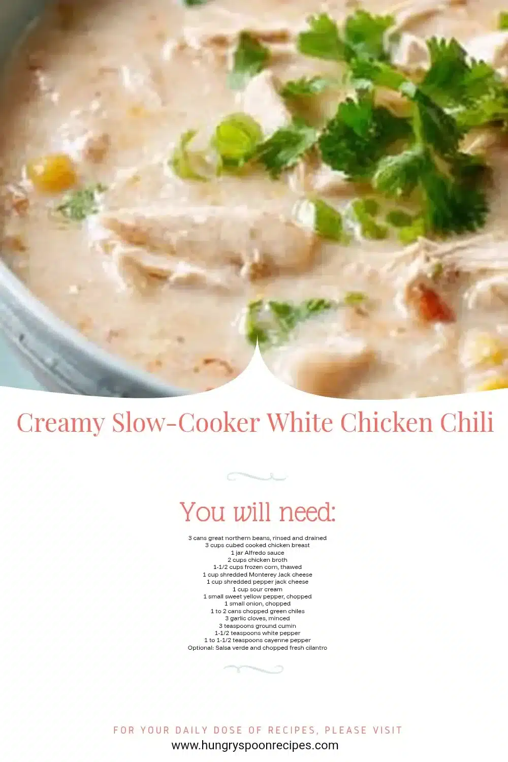 Creamy Slow-Cooker White Chicken Chili 1 Bowl of creamy slow-cooker white chicken chili topped with fresh cilantro