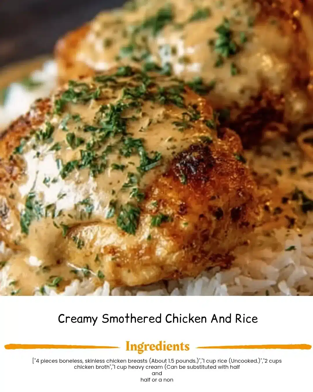 Creamy smothered chicken and rice garnished with herbs on a plate
