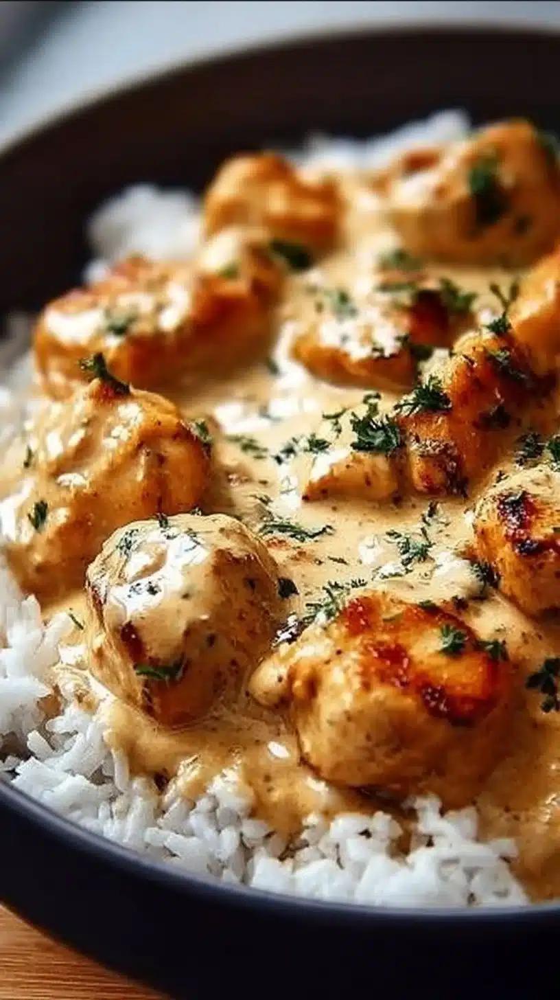 Creamy Smothered Chicken and Rice 1 Creamy smothered chicken served with rice in a bowl