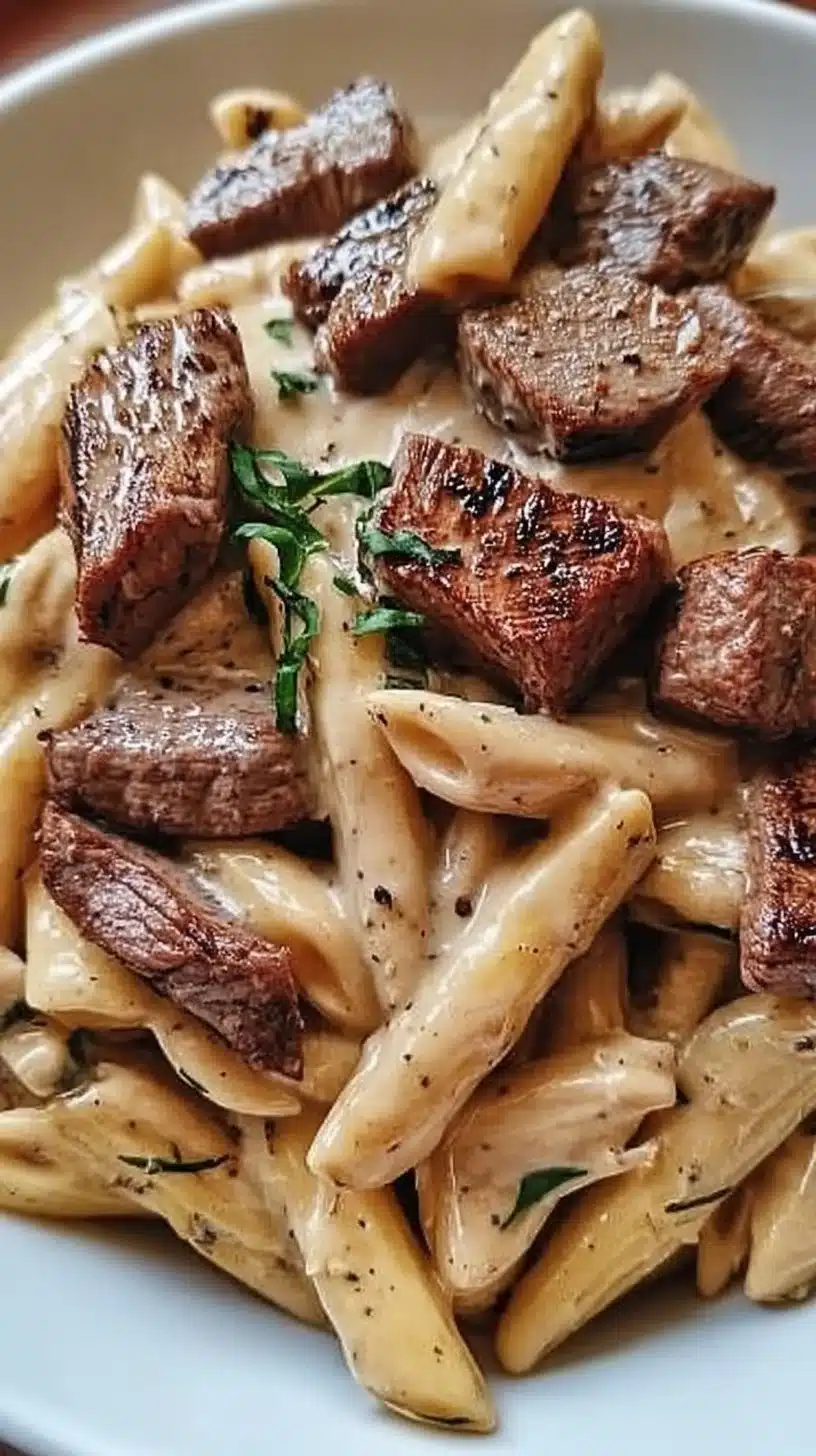 Creamy Steak Pasta 1 Creamy steak pasta dish garnished with parsley, served in a white bowl