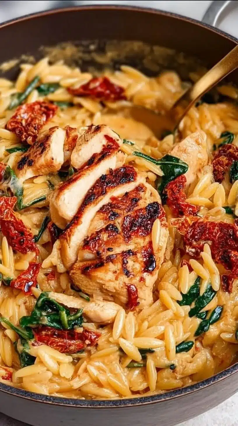 Creamy sun-dried tomato chicken orzo topped with herbs and served in a dish