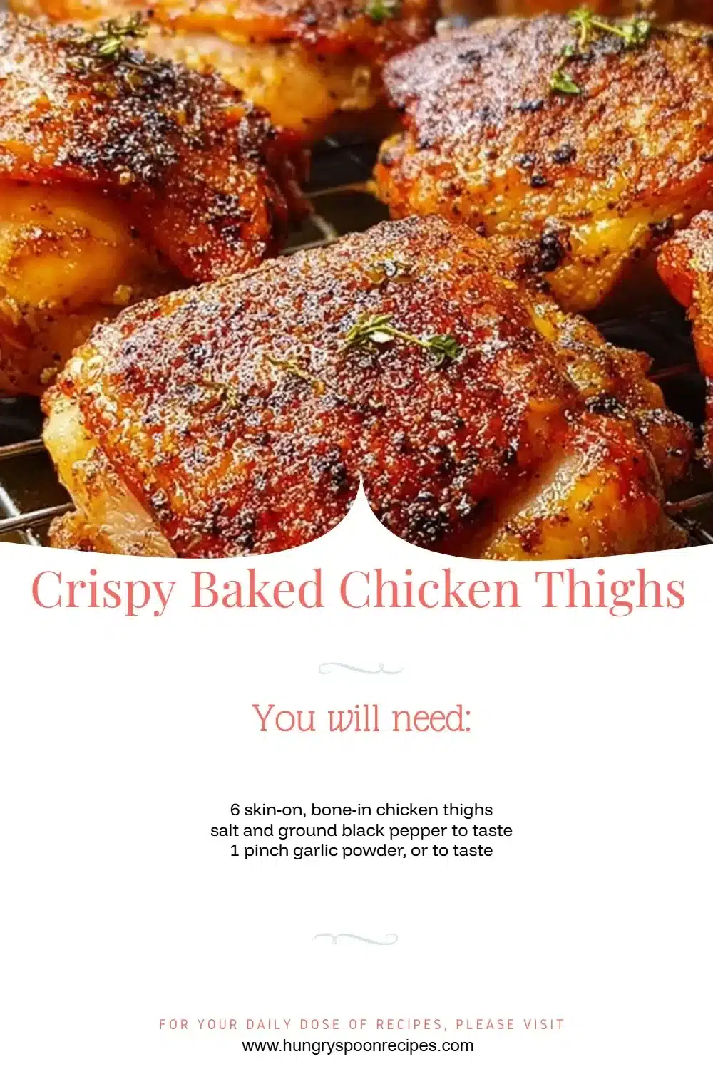 Crispy baked chicken thighs served on a plate with herbs.